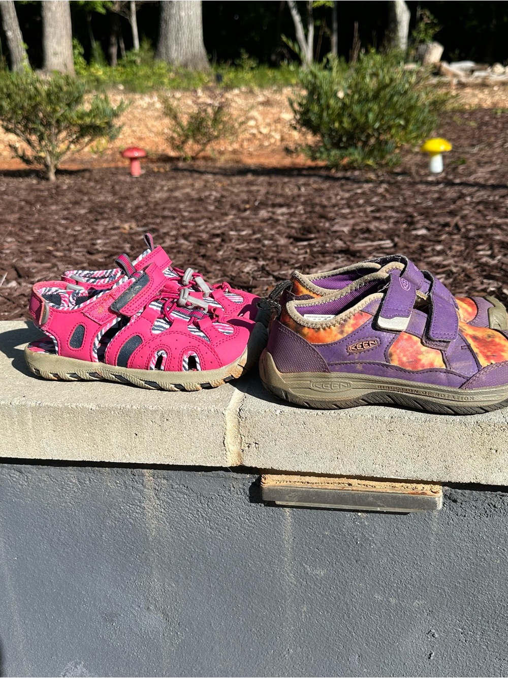 Keen Purple Orange Tie-Dye Closed-Toe Shoes and Eddie Bauer pink sandal